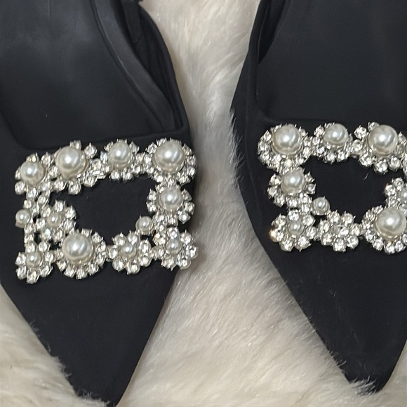 ZARA Black Slingback Kitten Heels Pearl Rhinestones Wedding Work Party 40 9.5 10 - Picture 2 of 8